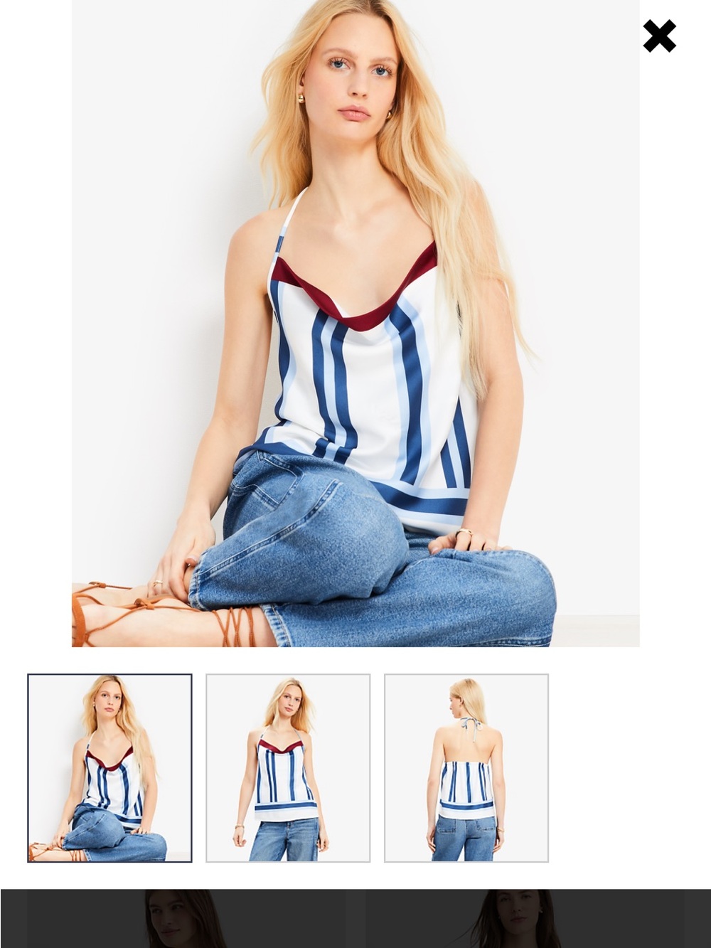 LOFT Blue and White Striped Satin Cami with Maroon Trim